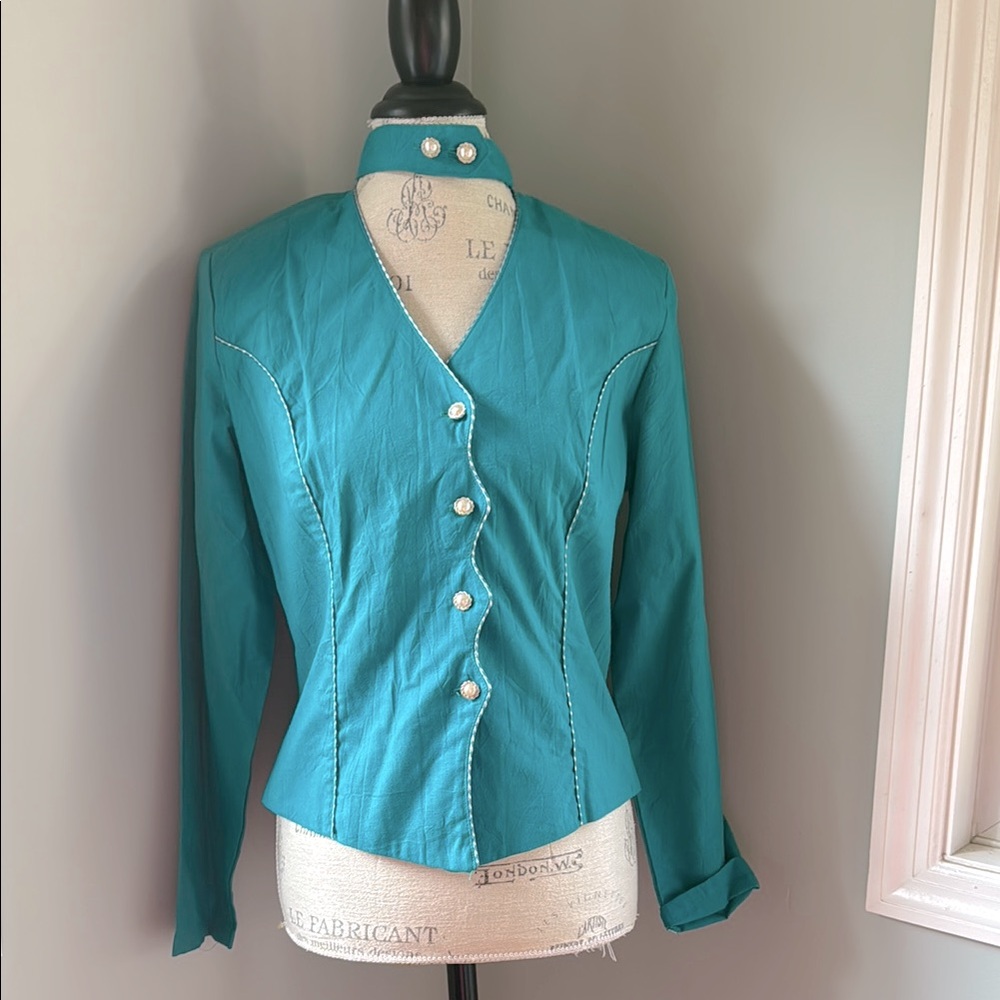 Vintage Lilia Suilty turquoise western choker collar pearl button up top EVC Med